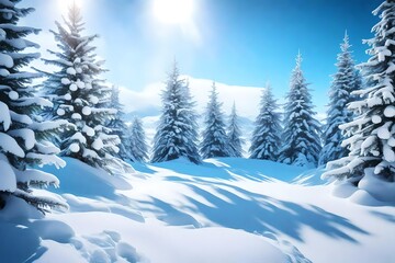 Fototapeta na wymiar Beautiful landscape with snow covered fir trees and snowdrifts. Merry Christmas and happy New Year greeting background with copy-space