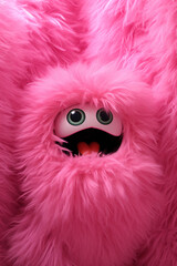 Fototapeta premium pink fluffy wall with very big blue eyes and open mouth very happy emotions created with Generative Ai
