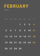 Monthly page Calendar Planner Templates of February 2024. Vector layout of simple calendar with week start Monday for print. Page for size A4 or 21x29.7 cm in dark color