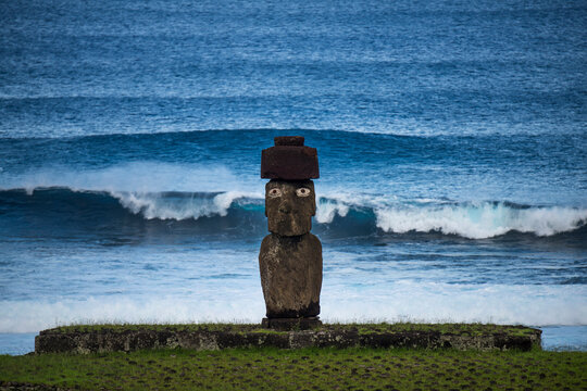 Ahu Ko Te Riku Moai stands facing inland at the Tahai Ceremonial Complex at Rapa Nui National Park on Easter Island; Easter Island
