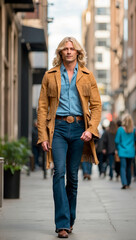 Obraz premium chaqueta de cuero de ante con flecos pantalon acampanado estilo retro de los 80s