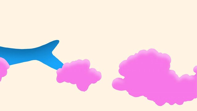 A cute blue whale fly in pink clouds on a cream screen. Fantasy animation with a cute animal in 4K with alpha channel. Flight concept in dreams and fantasies.