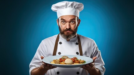 cooking, culinary, male chef holding empty plate, male chef in toque and jacket over blue background, professional, show, serve, cooking, , gourmet, food, service, restaurant, presenting