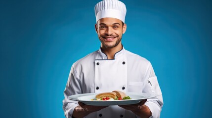 cooking, culinary, male chef holding empty plate, male chef in toque and jacket over blue background, professional, show, serve, cooking, , gourmet, food, service, restaurant, presenting