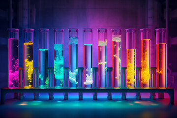 Glass test tubes arranged in a science laboratory, showcasing a setting for experiments, research,  scientific exploration and discovery, computer Generative AI stock illustration image