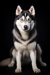 Portrait of a Husky dog. Whole body of a dog. The background is black