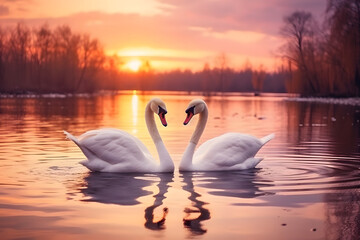 Fototapeta premium Two swans on the lake at sunset. Romantic love background for Valentine's Day.