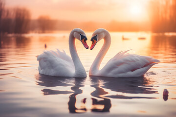 Fototapeta premium Two swans on the lake at sunset. Romantic love background for Valentine's Day.