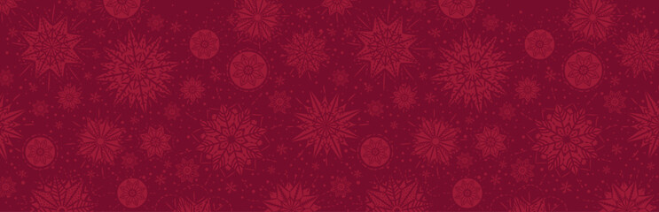 Red christmas banner with snowflakes. Merry Christmas and Happy New Year greeting banner. Horizontal new year background, headers, posters, cards, website. Vector illustration