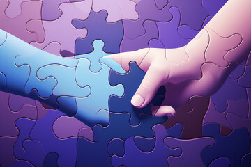 Unified hands collaborate on a jigsaw puzzle, embodying teamwork and collective problem-solving for shared success and achievement, computer Generative AI stock illustration image