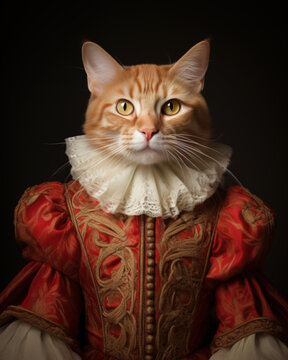 Naklejki Illustration of a red white tabby cat wearing a red dress in medieval fantasy style