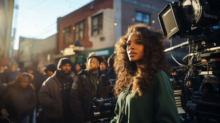 Photo of a young female African American filmmaker directing her peers in an urban setting, showcasing her vision and leadership skills, with a diverse crew working together