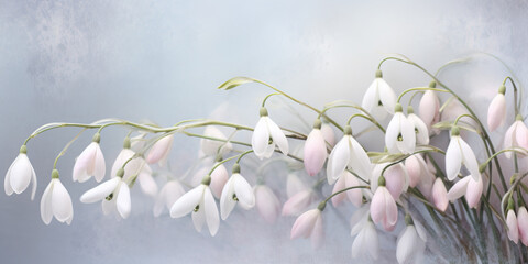 Early springtime background with muted color snowdrop flowers - obrazy, fototapety, plakaty