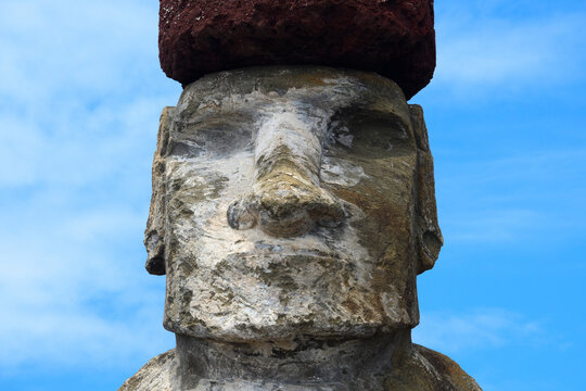 Close up of one of the Moai on Easter Island at Tongariki site, Rapa Nui National Park on Easter Island; Easter Island