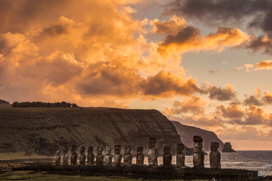 Sunrise at the Tongariki Moai site on Easter Island, Chile; Easter Island, Isla de Pascua, Chile