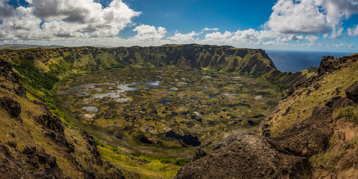 Rano Kau is an extinct volcano that forms the southwestern headland of Easter Island; Hanga Roa, Easter Island, Rapa Nui, Chile