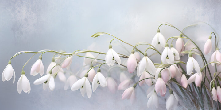 Early springtime background with muted color snowdrop flowers