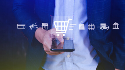 Shopping Online. Using Smartphone shopping online. shopping cart and business icons with virtual, business delivery e-commerce, shopping on internet, offers home delivery.
