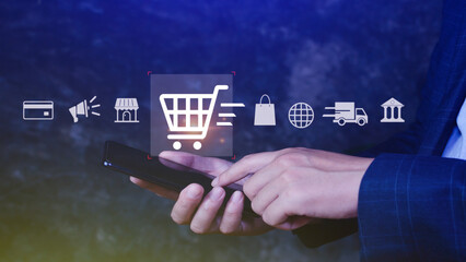 Shopping Online. Using Smartphone shopping online. shopping cart and business icons with virtual, business delivery e-commerce, shopping on internet, offers home delivery.
