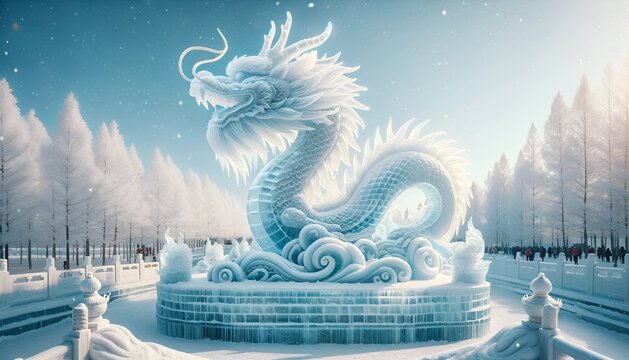 International ice festival background in Harbin, China with gragon ice sculpture.