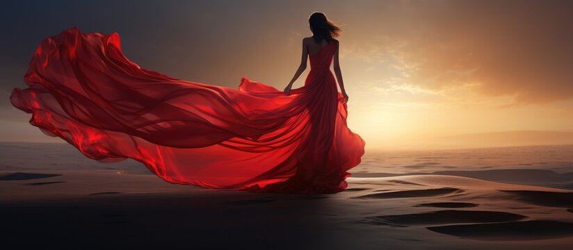 Woman in Red Fluttering Dress Back Side View. Model walking with Long Silk Cloth flying in the Wind, nighttime background