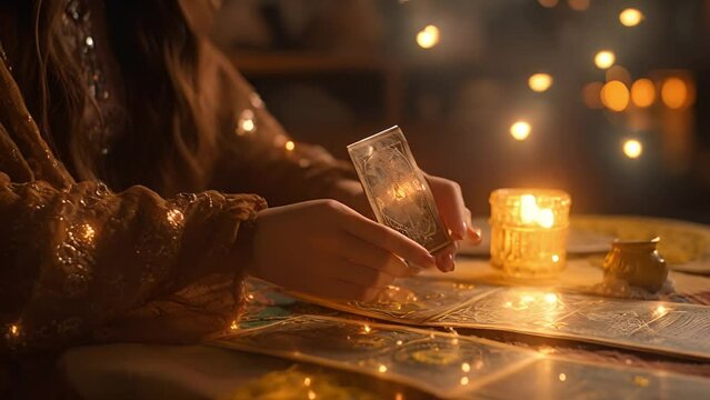 Tarot cards reading. Fortune teller of hands holding THE SUN card and tarot cards on table near burning candles in candle light. Tarot cards spread on table with crystal ball. Forecasting concept. Hip