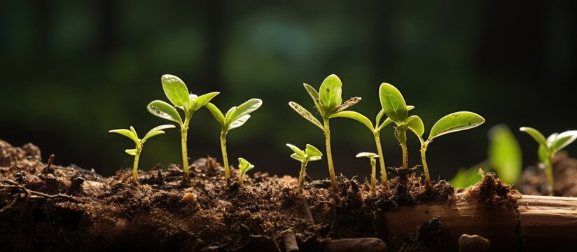 Young tree plants emerge from old tree stumps that have long been cut down, in the morning sunlight