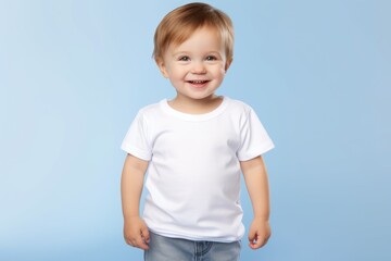 t-shirt template on cute baby in blue jeans. Baby wearing white shirt for mock up.