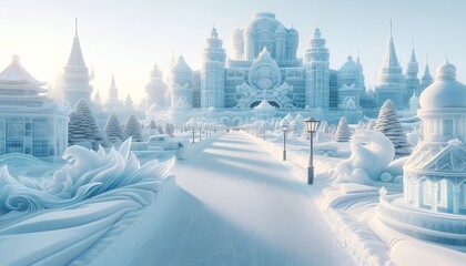 Snowy day at Harbin, China with ice sculptures.