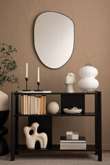 Minimalistic composition of living room interior with design shelf, stylish mirror, decorations,...