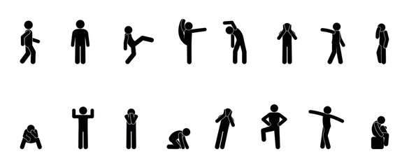 stick figure human silhouette, man icon, people isolated, human pose set - obrazy, fototapety, plakaty