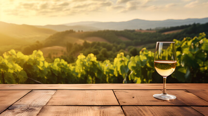 The concept of wine tasting, tourism, and wine festival is depicted with an empty wooden table top featuring a glass of wine and a vineyard background, with copy space,