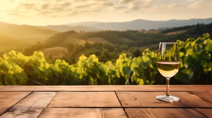 Fotobehang The concept of wine tasting, tourism, and wine festival is depicted with an empty wooden table top featuring a glass of wine and a vineyard background, with copy space, © NE97