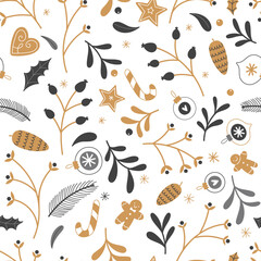 Seamless Christmas pattern with winter plants, gingerbread and Christmas decorations.