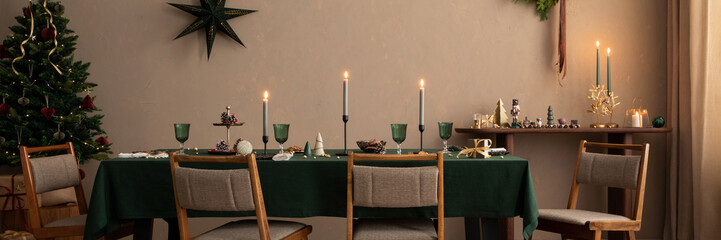 Interior design of christmas dinning room interior with table, christmas tree,  stylish chair,...