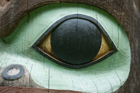 Detail of a Tlingit totem pole at Sitka National Historic Park; Sitka, Alaska, United States of America