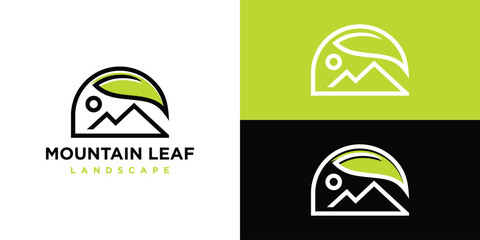 Mountain Leaf Logo Designs. Landscape Logo Icon Symbol Vector Illustration Template. - obrazy, fototapety, plakaty
