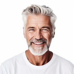 Closeup photo portrait of a handsome man smiling with clean teeth. used for a dental ad. guy with fresh stylish hair and beard with a strong jawline. isolated on white background