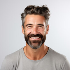 Obraz premium Closeup photo portrait of a handsome man smiling with clean teeth. used for a dental ad. guy with fresh stylish hair and beard with a strong jawline. isolated on white background
