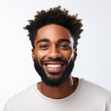 Closeup photo portrait of a handsome man smiling with clean teeth. used for a dental ad. guy with fresh stylish hair and beard with a strong jawline. isolated on white background