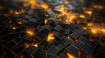 Dark geometric shapes with orange glowing fracture with glowing fiery cracks in a 3D render.