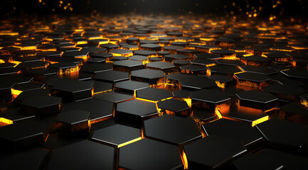 Obraz premium Dark geometric shapes with orange glowing fracture with glowing fiery cracks in a 3D render.