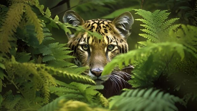 A sabertoothed tiger stalked through a thicket of lush ferns its eyes focused on a nearby deer.. .