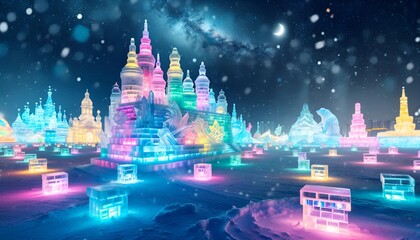 Ice sculptures in Harbin,China at magical night. - obrazy, fototapety, plakaty