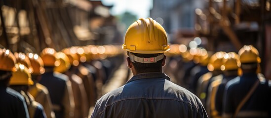 architect holding hard hat standing lead in line ready to work. diverse workers wearing vests, Expert construction project manager leadership