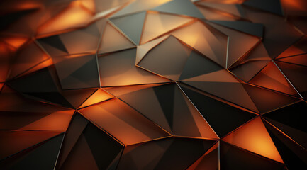 Dark geometric shapes with orange glowing fracture with glowing fiery cracks in a 3D render.