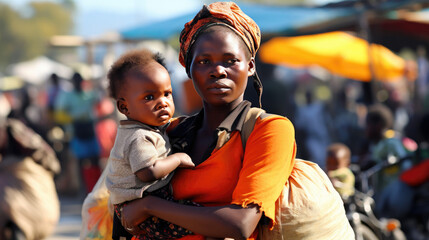 African refugee mother and her baby - obrazy, fototapety, plakaty
