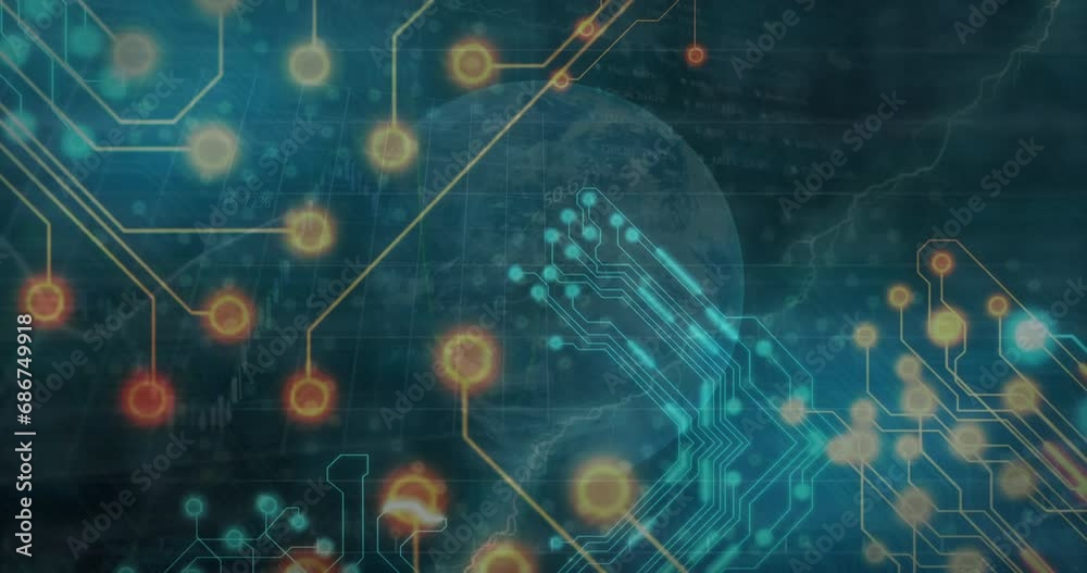 Poster animation of illuminated circuit board pattern and rotating globe over abstract background