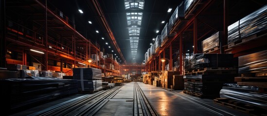 raw metal materials in factory warehouse, warehouse with racks and loading and unloading cranes - obrazy, fototapety, plakaty