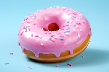 cute pink glazed donut on a blue surface, strewn with sprinkles and glazed with pink cream
